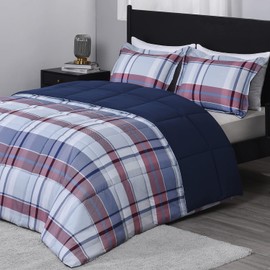 downluxe King Size Comforter Set (104"x92") 3-Piece,Plaid Navy Reversible Comforter,2 Reversible Pillow Shams 20"x36",Microfiber King Comforter,Soft and Comfortable