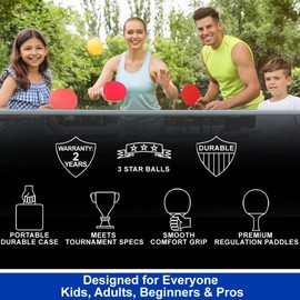 Ping Pong Paddle Set from Detro,Net and Balls Included, Portable Ping Pong Set. 2 Ping Pong Paddles. 6 x 3 Star Ping Pong Balls with Retractable Net and Storage Bag, Portable Table Tennis Kit.