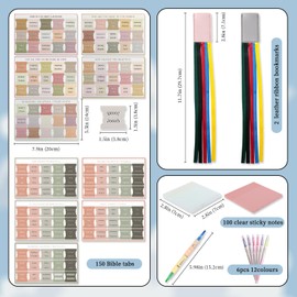 258 pcs Bible Tabs Kit, 150 Bible Indexing Tabs with 2 Bible Ribbon Bookmarks, 6 Colored highlighters, 100 Transparent Sticky Notes, Bible Journaling Supplies Bible Book Tabs for Women Study Bible
