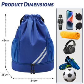 Vortix Gym Bag for Boys Women Men Children Sports Bag Sports Backpack Sports Bag with Drawstring Shoe Compartment Swimming Backpack Basketball Bag Backpack Sports Football Bag Waterproof, blue, L