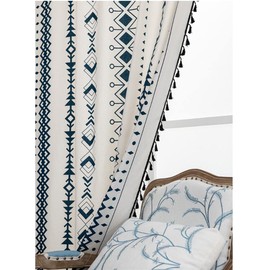 SWECOMZE Pack of 1 Flax Curtains, Boho Curtain, Cotton Linen Look with Tassel, Living Room, Bedroom, Geometric Pattern, Opaque Curtains (Style B, 240 x 150 cm H x W)