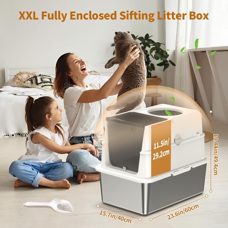 Sifting Litter Box, Fully Enclosed Stainless Steel Litter Box, 23.6"L