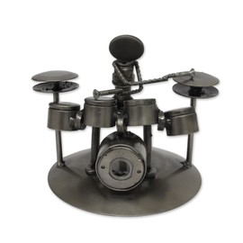 NOVICA Rustic Upcycled Auto Parts Musician Statuette, Rustic Drummer'