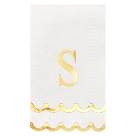 50 Pcs Scalloped Disposable Hand Towels Monogrammed Decorative Paper Napkins White and Gold Initial Guest Towels for Dinner Bathroom Party Supplies (S)