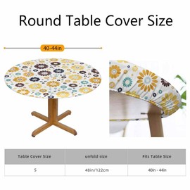 Guxxuil Bright Flowers Round Fitted Tablecloth Yellow Mustard Dark Blue Chocolate Spots Elastic Edge Tablecloth Waterproof Oilcloth Table Cover for 40"-44"