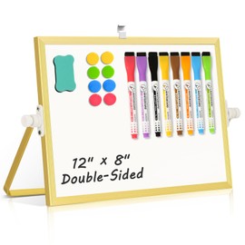 AMUSIGHT Magnetic Dry Erase White Board, 12" x 8" Double-Sided Golden Aluminum Frame Desktop Whiteboard with Stand, Portable Small Whiteboard Set for Drawing, Office, Home, School