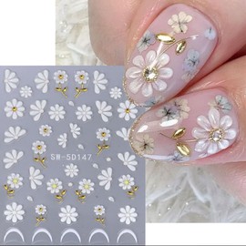 Flower Nail Art Stickers Decals Summer 5D Embossed Nail Decals Spring Summer with White Flowers Gold Leaf Daisies Nail Design Floral Daisy Transfer Sticker for Manicure Nail Art Decoration