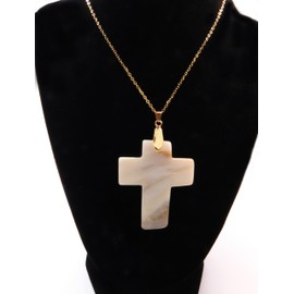 Handmade Necklace with Mother of Pearl Cross on 17 Inch Stainless Steel Gold Plated Chain with 2 Inch extension and Lobster Claw Clasp