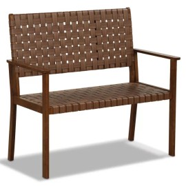 Costway Patio Outdoor Bench Loveseat w/Solid Rubber Wood Frame and Hand Woven PU Leather