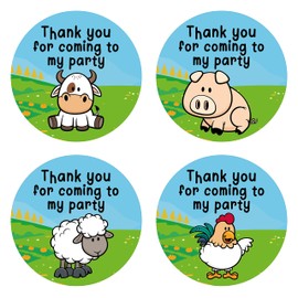 40mm Farm Animal Thank You for Coming to My Party Round Stickers for Party Bags & Sweet Cones: Cow, Sheep, Chicken & Pig (48 x Stickers)