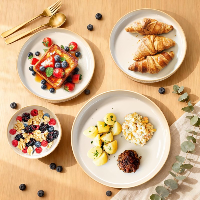 Feastly Stoneware Dinnerware Sets for 4, 12 Pcs Ribbed Reactive