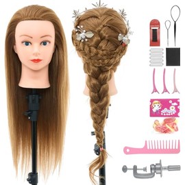 Neverland Hairdressing Head 26"-28" Doll Head for Hairdressing, 60% Real Hair Training Head for Hairdressers Hairdressing Head with Table Clamp + Hair Styling Set (Blonde)