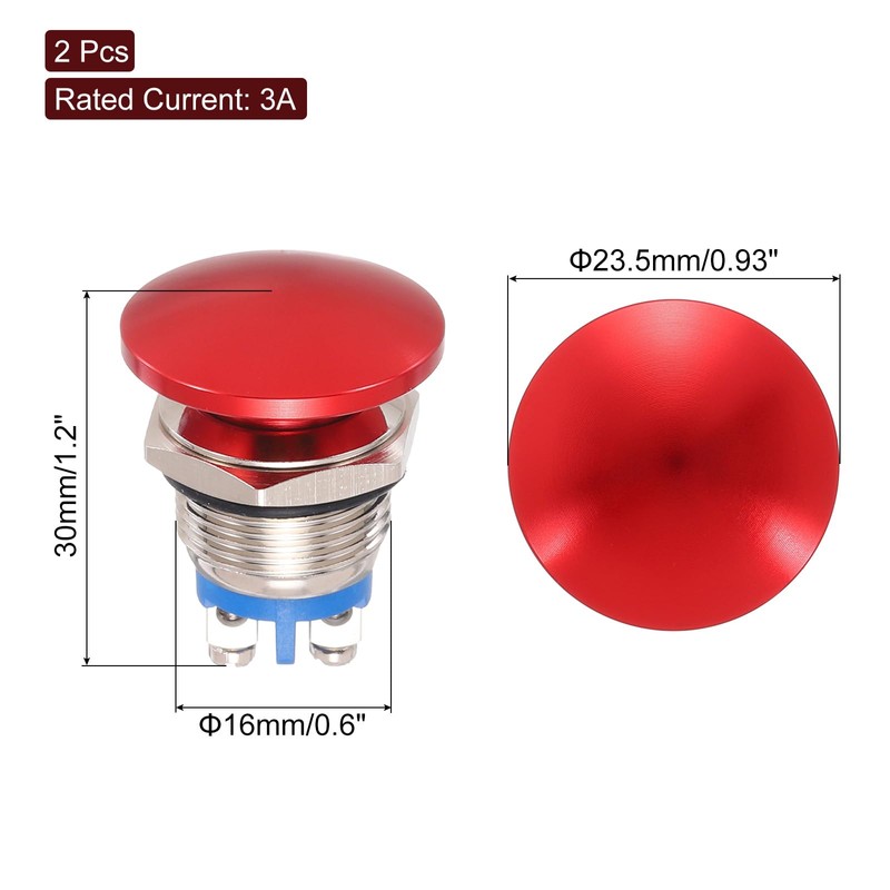 METALLIXITY 2PCS 3A 16MM 5/8" Momentary Mushroom Head Push Button