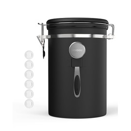 HAIOOU Large Coffee Canister, 38OZ Oversized Stainless Steel Coffee Bean Storage Container with Date Tracker, Measuring Scoop, CO2 Releasing Valves for Beans, Grounds and more - Black