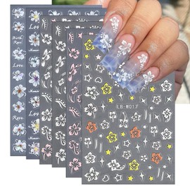 6 Sheets Flower Nail Art Stickers White Hibiscus Flower Nail Decals 3D Self-Adhesive Nail Art Supplies Cute Blossom Floral Nail Design Stickers Flowers Manicure Decoration Accessories for Women Girls