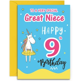 Great Niece 9th Birthday Card - Funky Unicorn - Medium Sized Card (A5 Size -148mm x 210mm) with Envelope