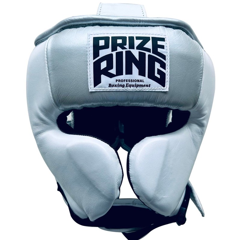 PRIZE RING "Professional SS" Genuine Leather Headgear Silver/White Large