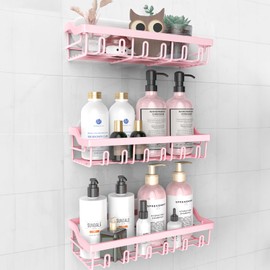 Bathroom stars 3 Pack Adhesive Shower Caddy, Rustproof Stainless Steel Shower Racks for Bathroom Organizers & Storage, Pink Wall Mounted Shower Shelves for Inside Shower Apartment Bathroom Essentials