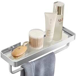 Danpoo Floating Shelf Bathroom Wall Shelf, 16" Bathroom Shelf with Towel Holder, Tempered Glass Shelf Wall Mounted,(Matte Silver)