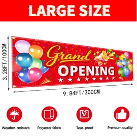 3x10 ft Grand Opening Banner with 9.8 ft Ribbon – Premium Polyester Grand Opening Sign for Store, Business, Restaurant – Outdoor/Indoor Advertising Backdrop with 10 Brass Grommets (Red)