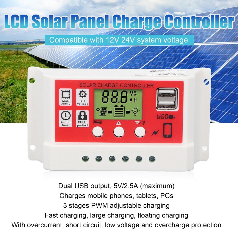 Solar Charge Controller PWM Lithium Battery Photovoltaic Charge Regulator LCD