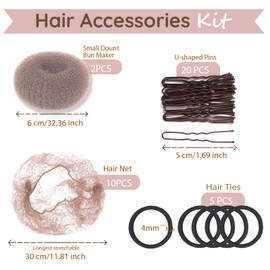 Teenitor Hair Bun Maker Kit For Kids - 2pcs Small Hair Donut Shapers, 10pcs Small Invisible Hair Nets, 20pcs Bobby Pins For Buns, 5 Hair Bands (Tan Brown)