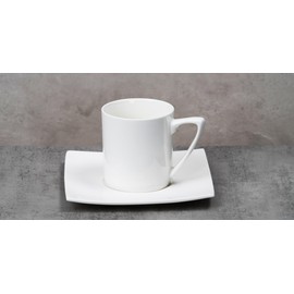 HomeVss, Bone China Elegance White Square Coffee Cup 6.5 oz with Saucer, Set of 6 Coffee Cup and 6 Saucers