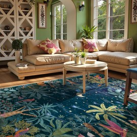 Lahome Midnight Jungle Rug, Area Rugs 9x12 Living Room Green Forest Dining Room Rug, Washable Large Rugs for Bedroom Classroom Non Slip Non Shedding Floor Carpet for Guestroom Office