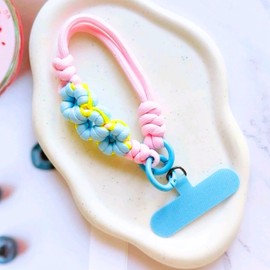 Paracord Lanyard Wrist Strap, Paracord Wristlet Flowers Braided Keychain, Hand Wrist Strap Lanyard for Cell Phone with Patch (Pink Blue)