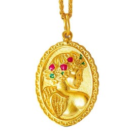 Angel Goddess Oval Medal Pendant Necklace for Women Yellow Gold Plated Double Sided Coin Disc Dainty Enamel Flower Pattern Charm Sweater Chain Choker Fashion Jewelry Anniversary Birthday for Her