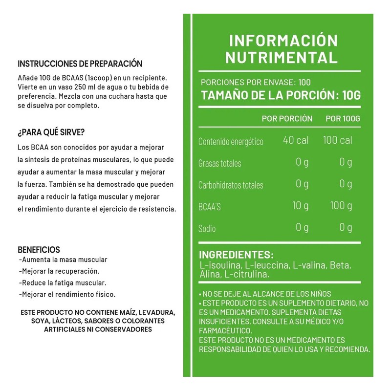 Aminoácidos Bcaas Natural Green 1kg Varios Sabores 100 Servs
