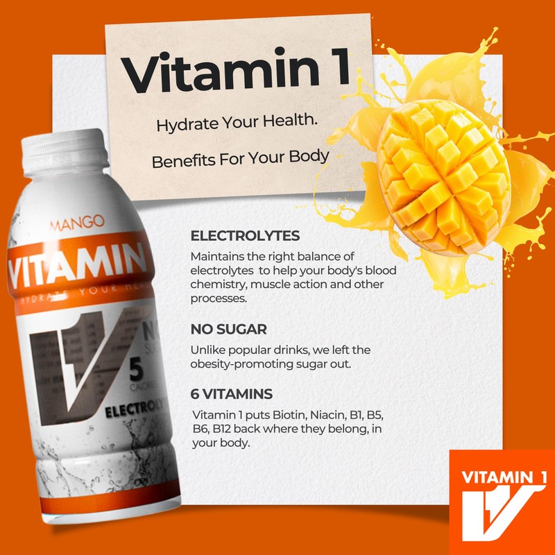 VITAMIN 1 Hydration Drink, Mango Electrolyte Vitamin Water, 16.9 Ounce