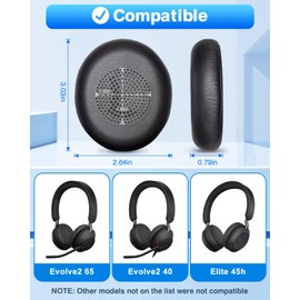 Replacement Earpads for Jabra Evolve2 65 (65MS 65UC USB)/Evolve2 40 (40UC 40MS USB)/Elite 45h On-Ear Wireless Headset, Headphone Replacement Ear Pads Cushions with Soft Protein Leather, Black