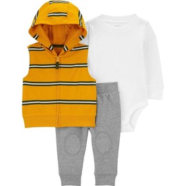 Carter's Baby Boys' 3 Piece Plaid Patch Little Vest Set (Yellow/White/Grey Hooded, 6 Months)