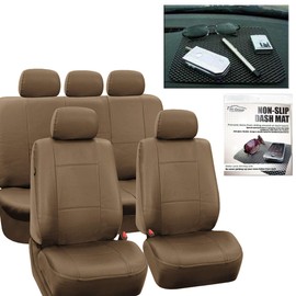 FH Group PU002115 + FH1002 Premium PU Leather Seat Covers (Tan) Full Set with Gift – Universal Fit for Cars Trucks and SUVs