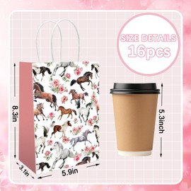 FYSUIMU 16Pcs Floral Horse Paper Bags with Handle Rustic Flower Party Favor Bags for Cowgirl Birthday Baby Shower Treat Goodie Candy, 5.9 x 8.3 x 3.1 Inch
