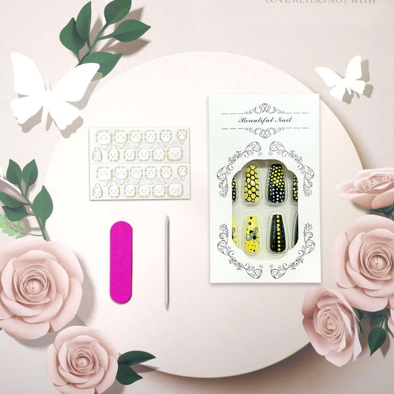 Vopintpy Flower Bee Press on Nails Black Yellow Stripe Fake