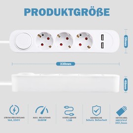 Mehrfachsteckdose mit USB, Realmade 3 Fach Steckdose, Verlängerungskabel Weiß 1,5m