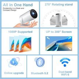 Mini Smart 4K Projector,Eroshoo HY300 Pro Mini Projector WiFi6 Bluetooth with Android 11,Portable Projector Full HD 4K Auto Vertical Correction,270° Rotation Outdoor Movie Home Projector,Vision Beam