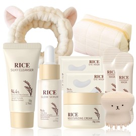 10PCS Rice Skincare Set for Women - Korean Skin Care Set with Rice Face Wash, Serum, Cream, Eye Mask, Travel Skincare Sets, Facial Skin Care Sets & Kits Smooth Skin