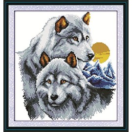 YEESAM ART Unstamped Cross Stitch Kits for Adults, Grey Wolves 14ct Counted Unprinted Embroidery Kit Needlework Wall Art Decor