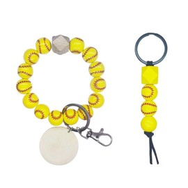 Baseball Softball Bracelet Keychain Wooden Bead Tassel Wristlet Key Ring Sports Lover Athletes Jewerly Gift-softball set