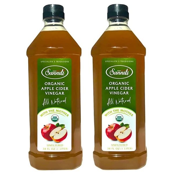 Sanniti Organic Apple Cider Vinegar Unfiltered All Natural with the Mother, 34 Fl Oz 1 Liter (Pack of 2)