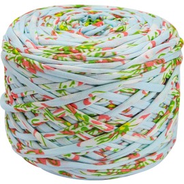 400 g T-Shirt Yarn, Elastic Fabric, Crochet Cloth Yarn for DIY Knitting, 130 Yards Spaghetti Yarn, Thick Knitting Yarn for Hand, DIY Bag, Basket, Cushion, Crochet Projects, Home Decor (Blue Flower)