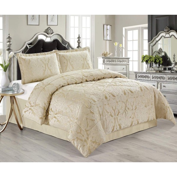 Luxurious 3 Pcs Jacquard Bedspread Quilted Comforter with Matching Pillow Cases Bedding Set Lucy Beige Double