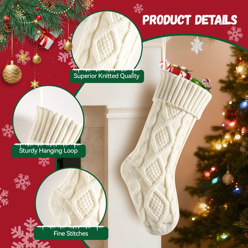2 Pack 18" Christmas Stockings, Large Knit Socks, Ivory