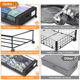 Under Bed Storage with Wheels, 2-Pack Under Bed Storage Containers with Clear Lids, XXL 60L Under the bed storage Organizer Bins, Rolling Under Bed Metal Drawer for Clothes,Shoes,Toys (Black, 2 Pack)