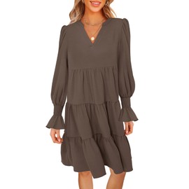 MEROKEETY Women's 2024 Long Sleeve Midi Dress V Neck Flowy Swing Ruffle Tiered Fall Casual Dresses, LightCoffee, M