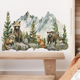 Mountain Tree Wall Decals Large Pine Tree Forest Animal Wall Stickers Deer Raccoon Bird Peel and Stick Wall Art Decals for Kids Room Classroom Nursery Bedroom Playroom Home Decor (Raccoon)