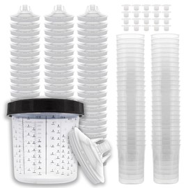 LAUCO 50 Pack Disposable Spray Gun Paint Cups Liners and Lid System Kit - 20 Ounce (600ml) Kit - 50 Cup Liners, 50 Lids with 125 Mic Strainer, 1 Hard Cup with Retainer Ring and 20 Plugs